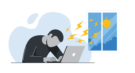 Struggling Worker Deals with Bright Sunlight Glare on Computer Screen