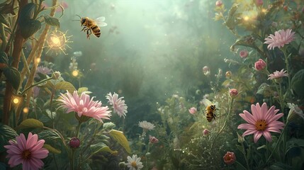 Garden with bees and flowers magical vibes