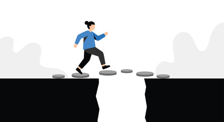 Person bravely crossing a wide chasm using stepping stones