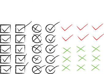 Check Marks & Crosses: Hand Drawn Tick Symbols in Boxes & Circles, Red & Green X Icons, Checklist Graphics for Design & Verification