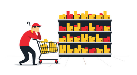 Confused Shopper Hesitates Before Stocked Shelves Full of Products