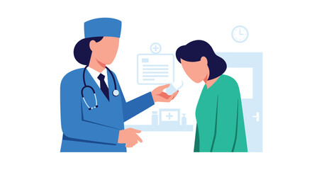 Obraz premium Doctor gives patient a small white pill during medical consultation in clinic examination room