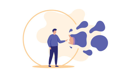 Person interacts with abstract fluid shapes and a circular outline