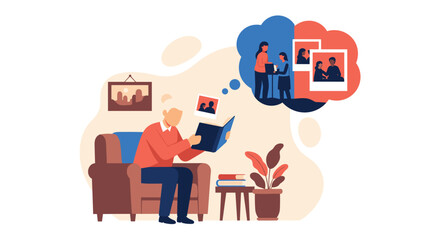 Elderly Man Sitting Comfortably Reading a Photo Album and Remembering Family Moments