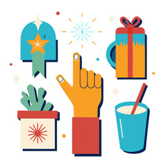 Holiday Hand Gestures Vector Set Transparent PNGs Isolated on White Background – Festive Hands Holding Gift, Cup, and Sparkler Illustration Design