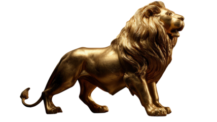 Majestic lion isolated on white background with golden mane, powerful wild animal symbol of strength and wildlife from African savanna