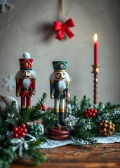 Vintage christmas card with nutcracker on nice garland nutcrackers holiday  decoration christmas toy festive merry celebration