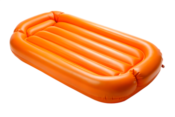 Bright orange inflatable pool float mattress with horizontal ribs isolated on white background .PNG. AI Generated
