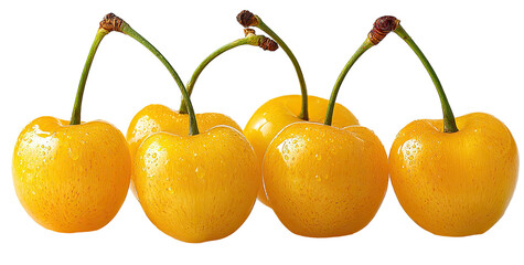 Row of four glistening yellow cherries