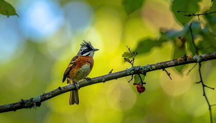 Colorful Bird with Crest Perched on Mossy Branch with Green Bokeh Background in Natural Light