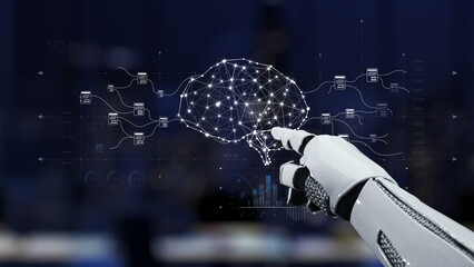 A robotic hand interacts with a digital brain graphic symbolizing advanced artificial intelligence, neural connections, and the future of technology in our lives. Synapse
