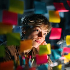 Creative young professional brainstorming ideas with colorful sticky notes, focused and inspired workflow, modern office, innovative thinking, business, planning, productivity