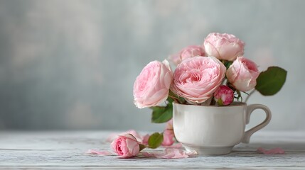Pale pink cabbage roses are arranged elegantly inside a rustic ceramic cup on a light wooden surface.
