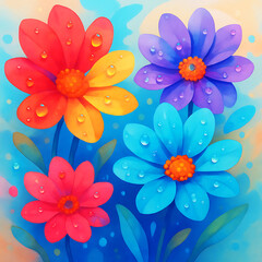 Vibrant Watercolor Flowers with Dew Drops