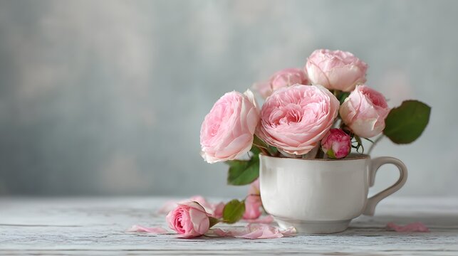 Pale pink cabbage roses are arranged elegantly inside a rustic ceramic cup on a light wooden surface. - Powered by Adobe