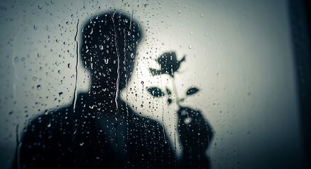 Silhouette of a person holding a rose behind a rainy window pane conveying emotion