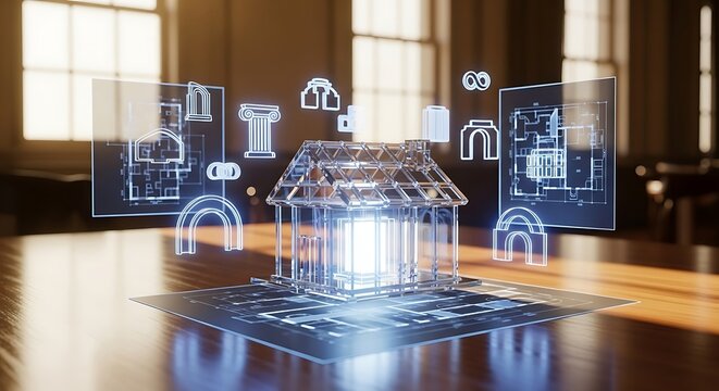 Futuristic holographic family and house icons displayed in a modern interior