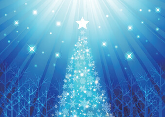 森の中のクリスマスツリー、背景、イラスト、青、横、かわいい、集中線