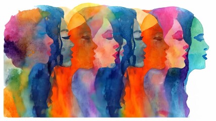 Vibrant watercolor silhouettes of overlapping profiles in a rainbow spectrum, repeating row, echoes - Powered by Adobe
