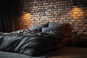 Cozy bedroom interior features a rumpled bed against a brick wall.
