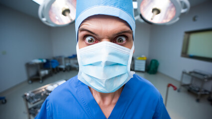 Woman in a blue scrubs is wearing a mask and looking at the camera