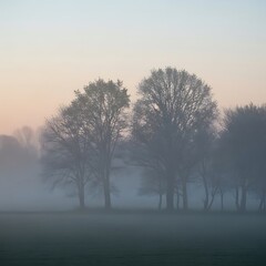 Misty Morning - Trees Silhouetted in Early Morning Fog.