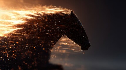 Silhouette of a horse dissolving into glowing dust and sparks in warm light atmosphere symbolizing freedom motion and transformation perfect for artistic fantasy scenes
