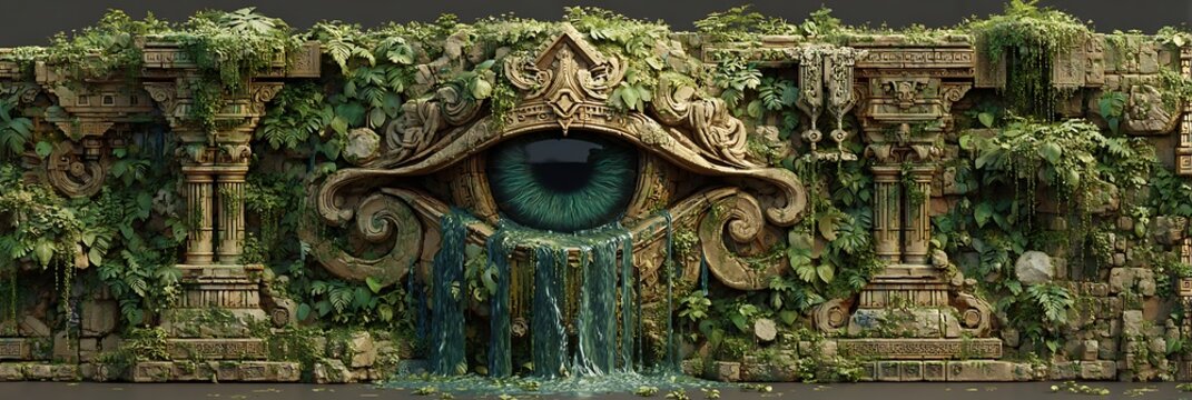 Glitchy ancient terminal made of stone with green code pouring from eye-shaped seals