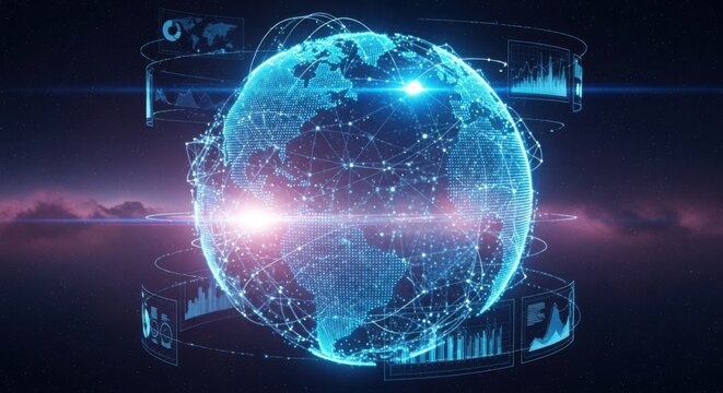 Futuristic digital globe floating in space, innovation theme