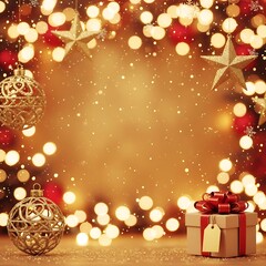 Festive Christmas Background with Lights, Ornaments, and Gift.