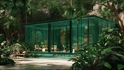 A glass house sits in a lush jungle, with glass reflecting vibrant jungle foliage. The glass structure is enveloped by the jungle, blending into its serene surroundings.