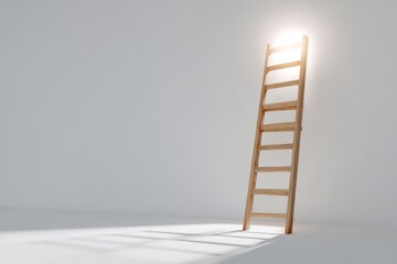 Wooden ladder leaning toward glowing light symbolizing aspiration, progress, and success.