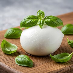 Fresh Burrata Cheese with Basil Leaves on Wooden Board.