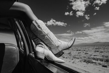 Black and white scenic road trip with cowboy boots out car window against vast desert landscape blue sky clouds freedom adventure travel relaxation southwest USA