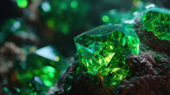 Shiny green emerald crystals growing inside rough rock texture illuminated by soft mystical light ideal for jewelry backgrounds and fantasy mineral concepts