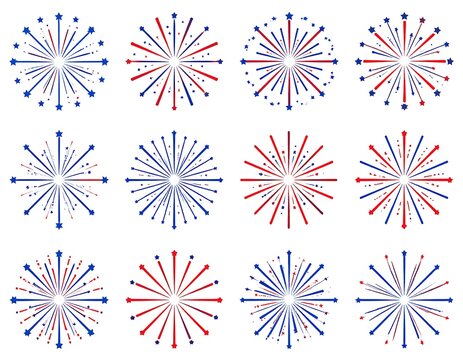 Collection of colorful bursting radial firework designs on white background