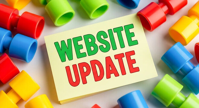 Yellow card with green and red text website update and colorful blocks