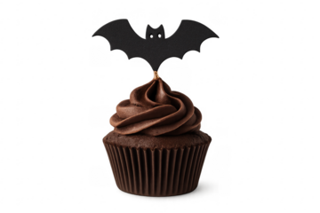 Chocolate halloween cupcake with bat decoration on transparent background