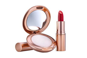 Rose-gold compact mirror, powder, and lipstick