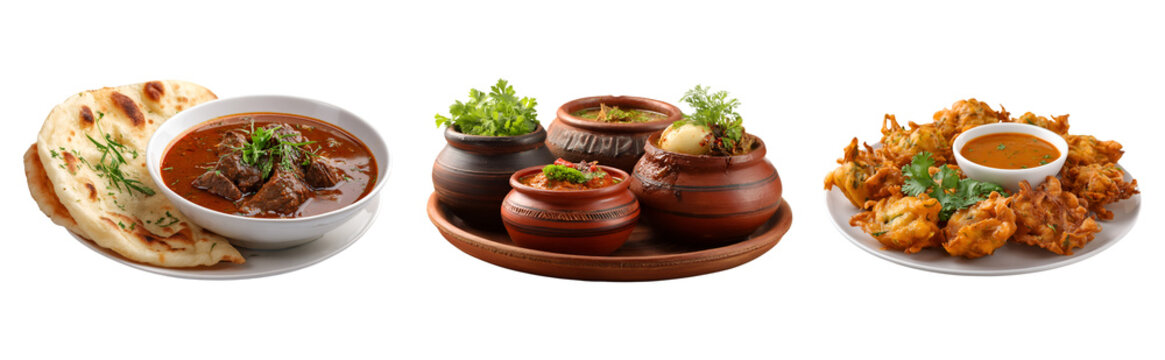 A variety of indian dishes including curry naan bread and pakora served on plates and in clay pots