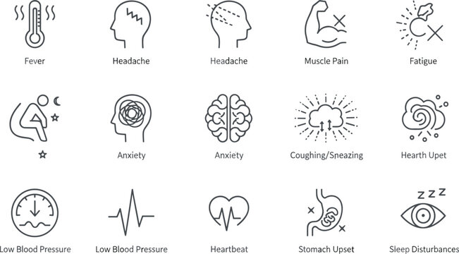Line Art Medical Symptoms and Health Conditions Icon Set