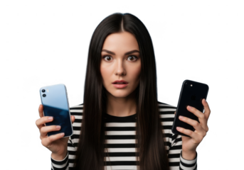 Surprised young woman holding two smartphones isolated on transparent background