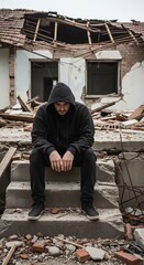 Despair Amidst Destruction - A Mans Silent Grief in War-Torn Ruins.
