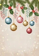 christmas background with christmas balls, christmas greeting card with colorful decoration illustration