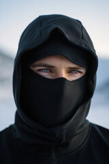 Naklejka premium Mysterious Hooded Figure With Face Mask Outdoors, Cold Winter Scene and Focused Blue Eyes