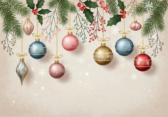 christmas background with christmas balls, christmas greeting card with colorful decoration illustration