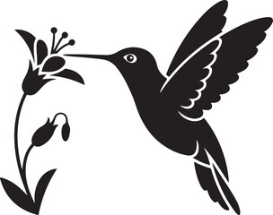 Black silhouette of a hummingbird feeding from a lily flower