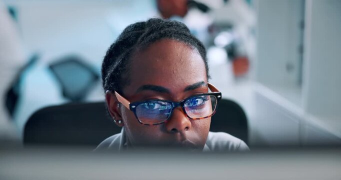 Medical, reading or black woman in lab with computer, glasses and review of drug trial. Healthcare, reflection or research scientist in clinic with tech, analyze or data update for treatment plan.