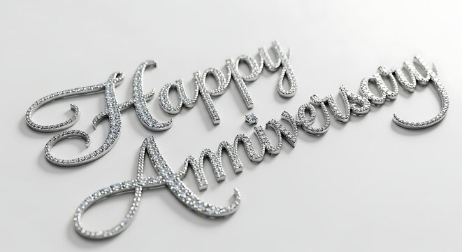 Elegant sparkling text "Happy Anniversary" on a clean white background, perfect for celebrations.