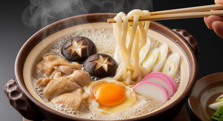 湯気立つ鍋焼きうどん：鶏肉と豊富な具材が織りなす冬の絶品和食